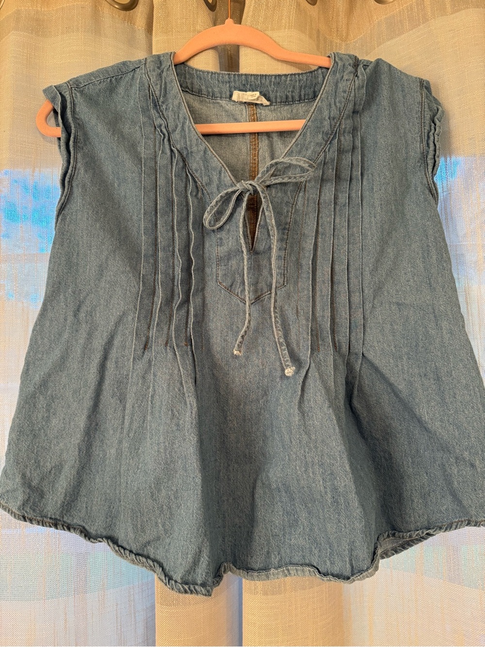 Blu Pepper Sleeveless Denim Tie-Front Pintuck Top - Light Blue